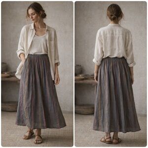 New! Ichi Antiquites Linen Striped Drawstring Adjustable Skirt 🩶 Onesize  XS-XL